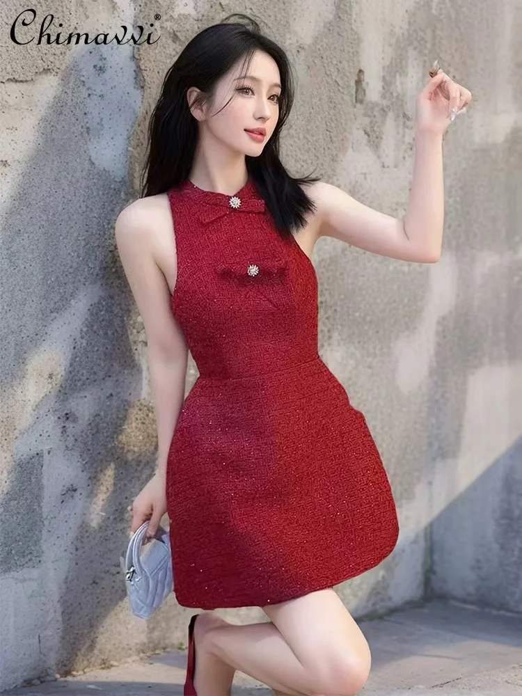 

French Elegant Socialite Sleeveless Off-shoulder Diamond Bow High Waist Slim A-line Tweed Red Evening Party Short Dress Women