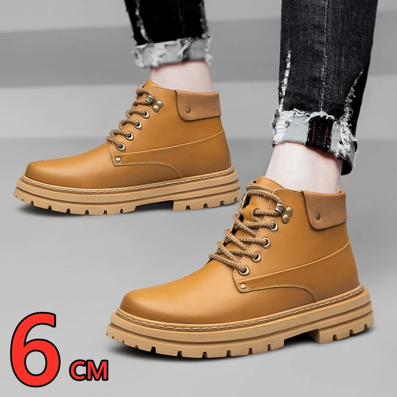 

Men's 6cm Height Increase Casual Leather Boots Fashion Ankle Shoes Comfortable Non-Slip Wear Resistant Elevator Sneakers