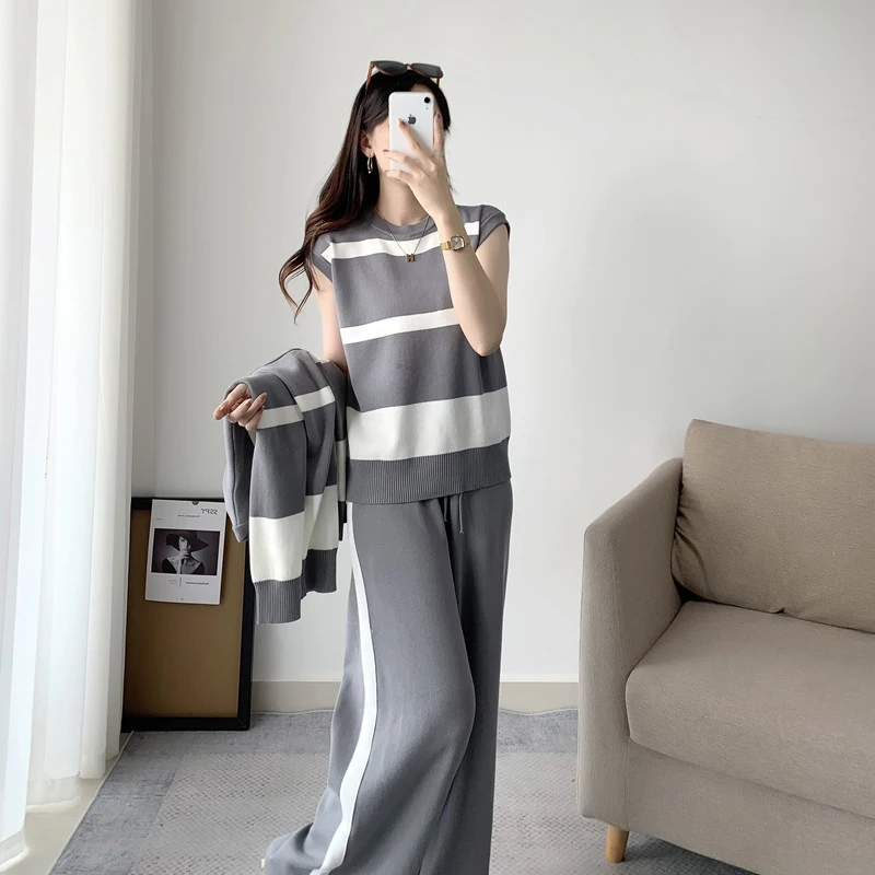 Autumn Winter Streetwear Three Piece Set Women Korean O-neck Sleeveless Vest+cardigan Coats+wide Leg Pants Stripes Knitted Sets