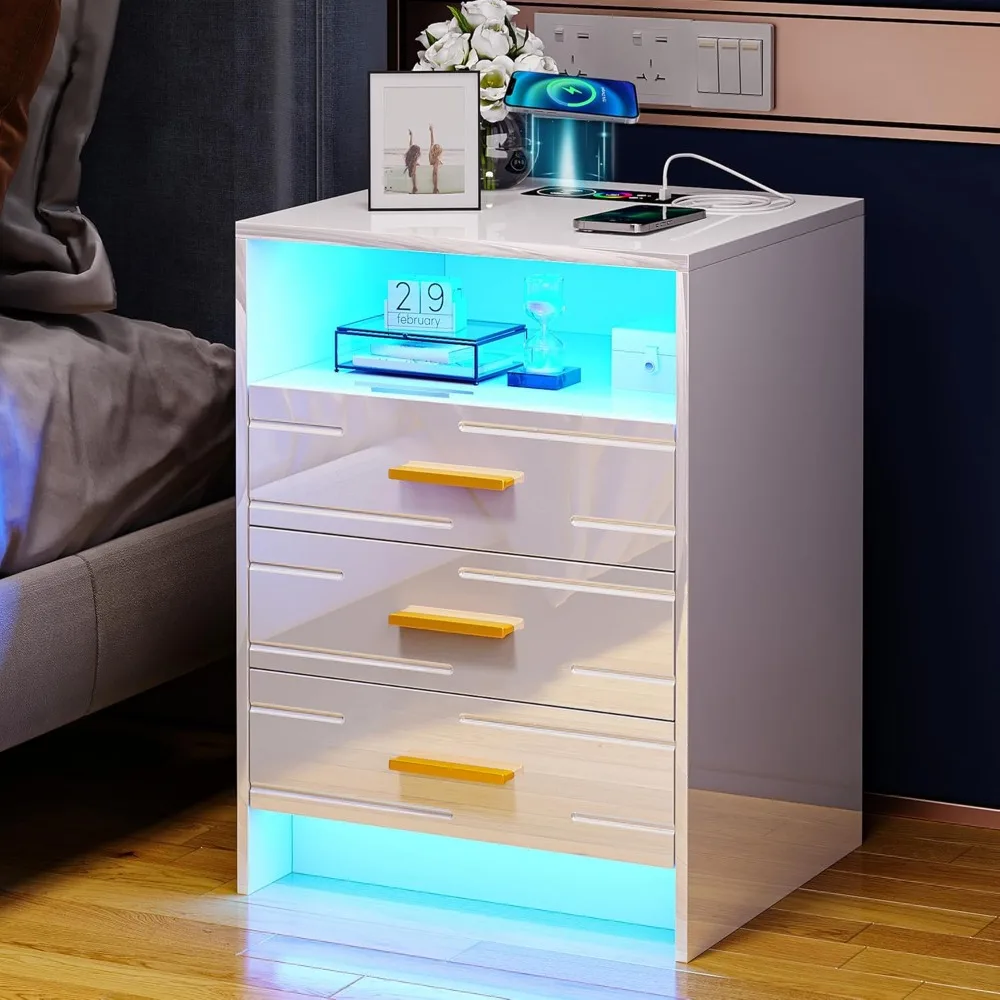 

RGB LED Nightstand with Wireless Charging Station, Smart Night Stand with Motion Sensor Lights, High Gloss White Nightstan