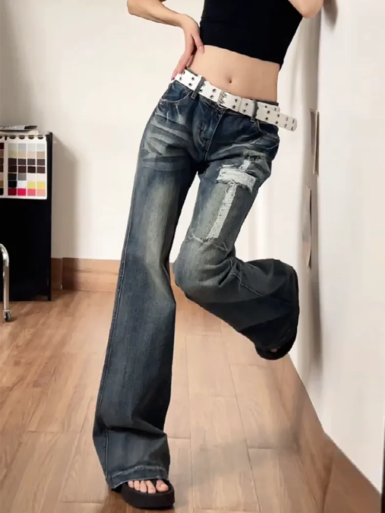 Sweet Cool American Style Low Waist Bell Bottom Jeans Women's Summer Design Slimming Hole Denim Pants Ladies Fashion