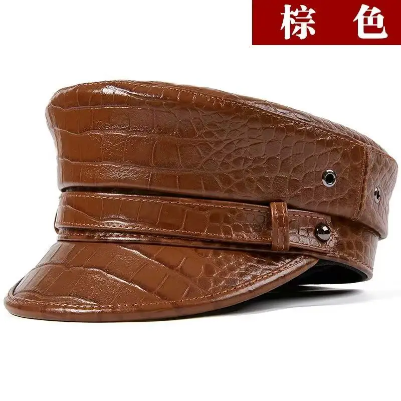 

Autumn Men Women Flat Cap gorras Personality Fashion Brand Leather Cap Natural Leather Hat Cowhide Crocodile Print Military Hat