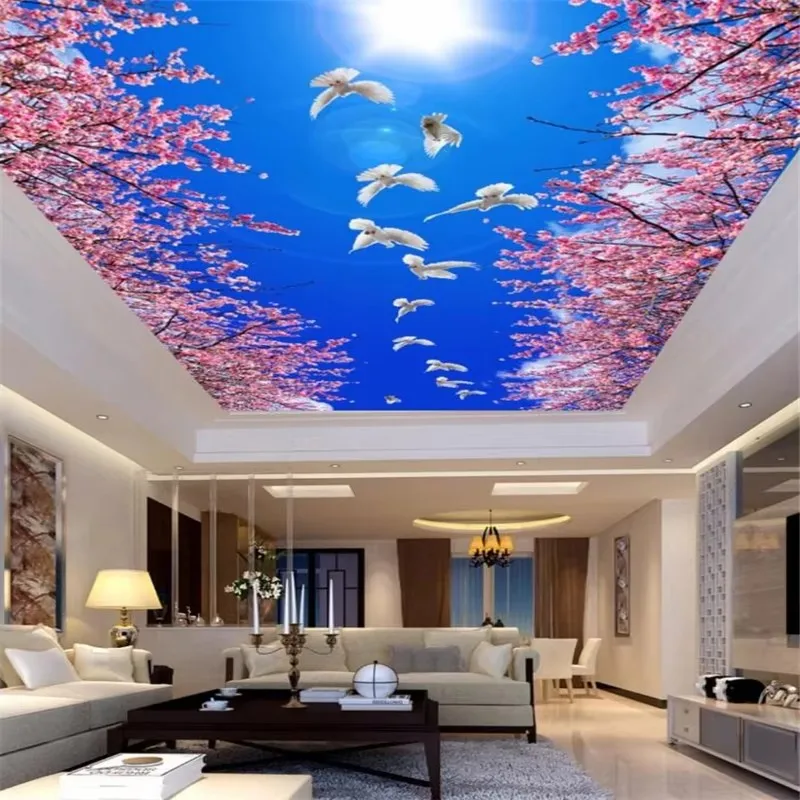 Custom wallpaper 3d blue sky white pigeon cherry ceiling roof zombie mural beautiful tree top blue sky sun living room ceiling