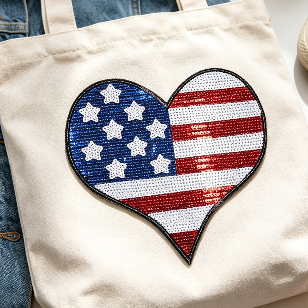 Herzförmiger USA-Flaggen-Pailletten-Aufnäher zum Aufbügeln, Glitzer-Sterne-Streifen-Applikation, Unabhängigkeitstag, T-Shirt, Jeans, Tasche, dekorativer Aufnäher – Detail 5