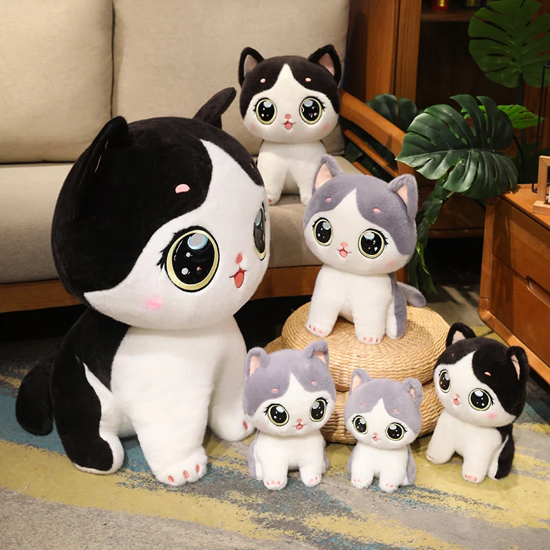

Grey&Black Big Eyes Cat Doll Plush Toy Little Kitten Kawaii Cartoon Animal Stuffed Standing Doll Christmas Gift
