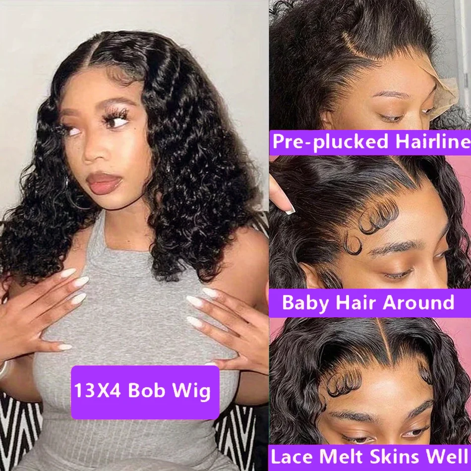 Deep Wave 13x4 Lace Front Wig Short Bob Wig Brazilian Virgin Human Hair Wigs For Black Woman Water Curly 180% Density Preplucked