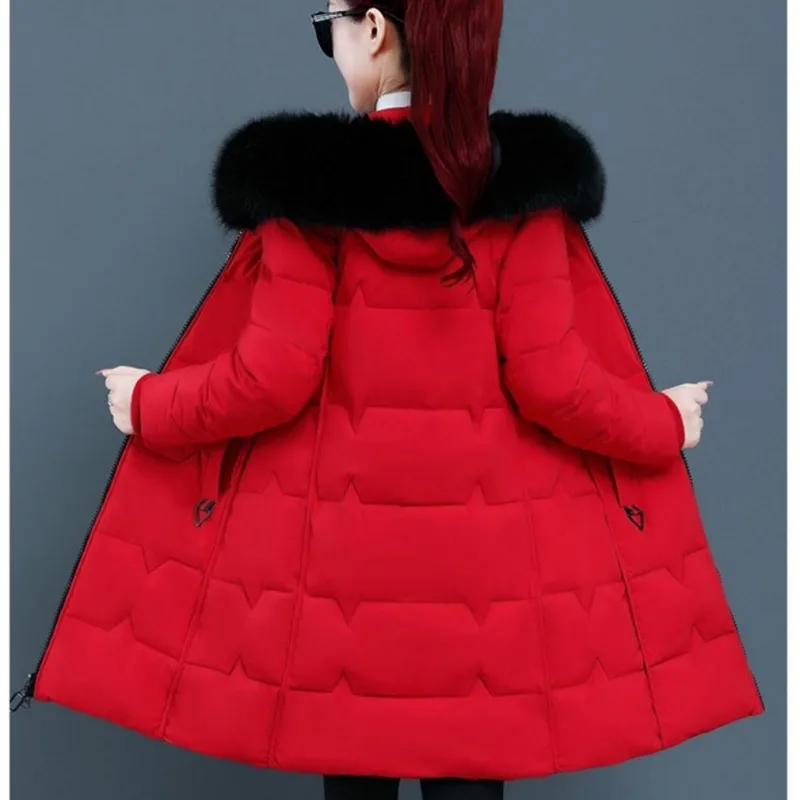 2023 New Women Down Jacket Winter coat Female  medium length Parkas Warm large wool collar cotton Outwear hooded Overcoat