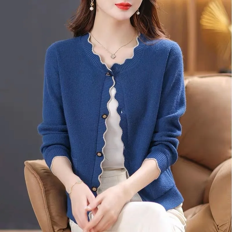 

Simple Leisure Grace Lightly Cooked Intellectual Plain Simplicity Button Popularity Knitted Sweater Women's Top Autumn 2024