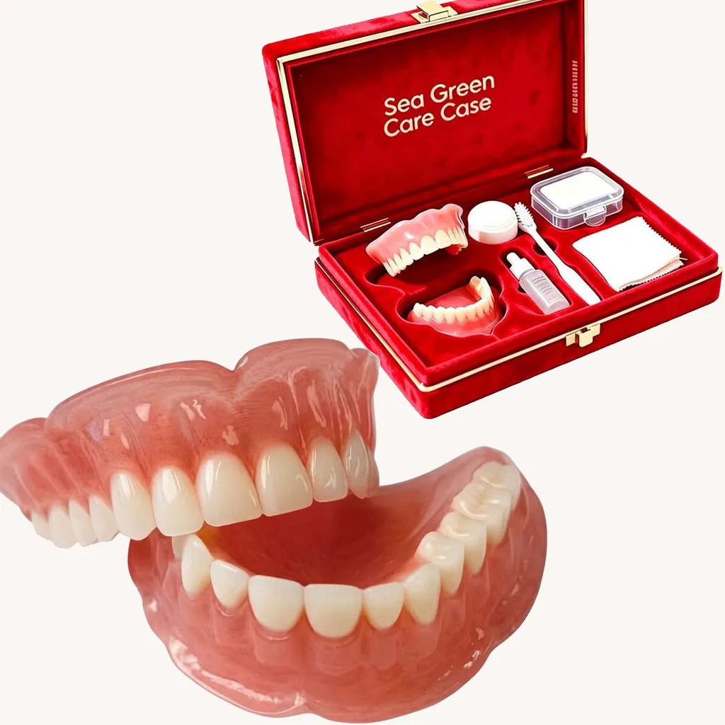Natural Cosmetic Denture Kit Realistic Upper Lower Teeth Set, Cleaning Tools Instant Smile Veneers Comfort Fit Daily Wear