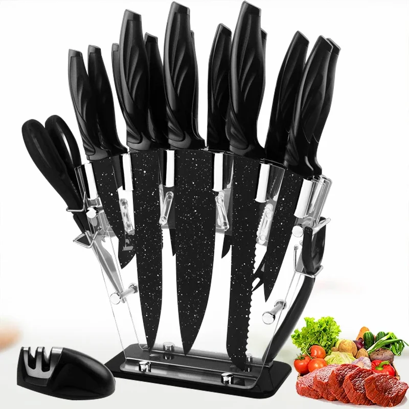 

17PCs Kitchen Chef Knife Set Scissors Stainless Steel Pizza Cheese Steak Knife Peeler Meat Cleaver Knife Stand Sharpener Cutlery