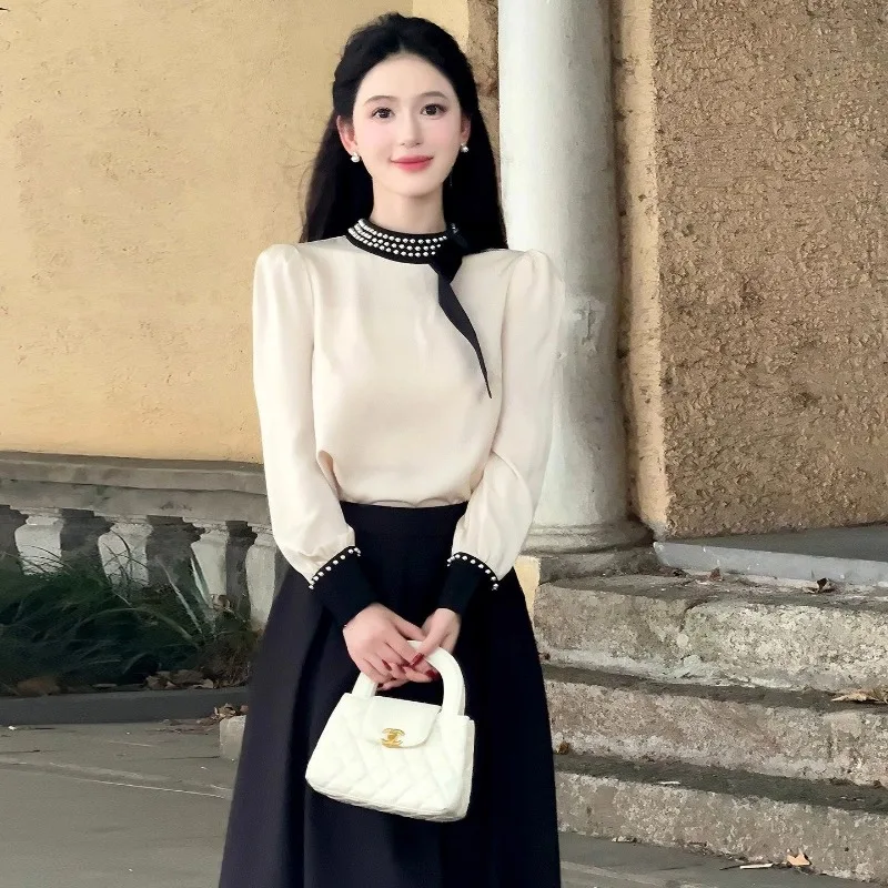 

New French Retro High End Women's Two Piece Set Autumn Celebrity Elegant Satin Pearl Long Sleeve Shirt + Loose Skirt Suit