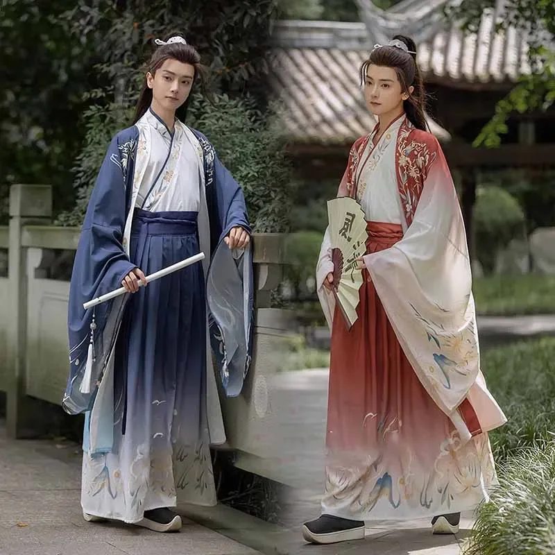 Chinese Hanfu Men Women Carnival Ancient Scholar Cosplay Costume Vintage Hanfu Gradient Blue&Red Sets For Couples Plus Size 2XL