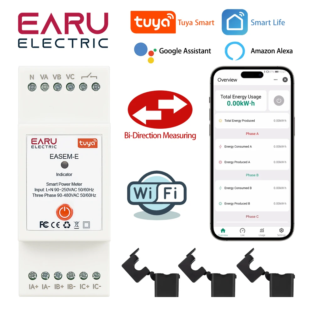 TUYA WiFi Smart Three Phase AC90-480V Bi-Directional Measurement Power Energy kWh Meter Monitor with 3PCS CT Clamps Switch Relay