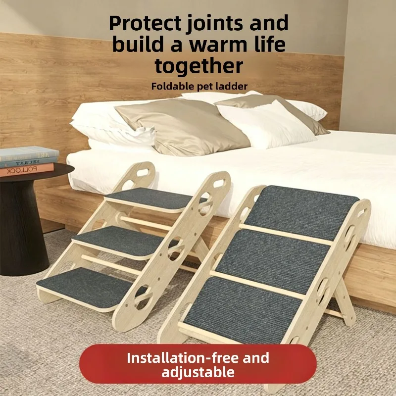 

Solid Wood Dog Stairs Foldable Storage Non Slip Sofa Bed Ladder Climbing Up and Down Stairs Anti Slip Sofa Slope Pet Stairs