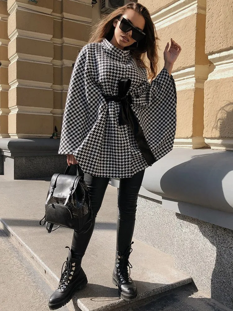 

Женское модное пальто-накидка оверсайз в винтажном стиле, осенне-весеннее, новинка, в клетку, с завязками, элегантное