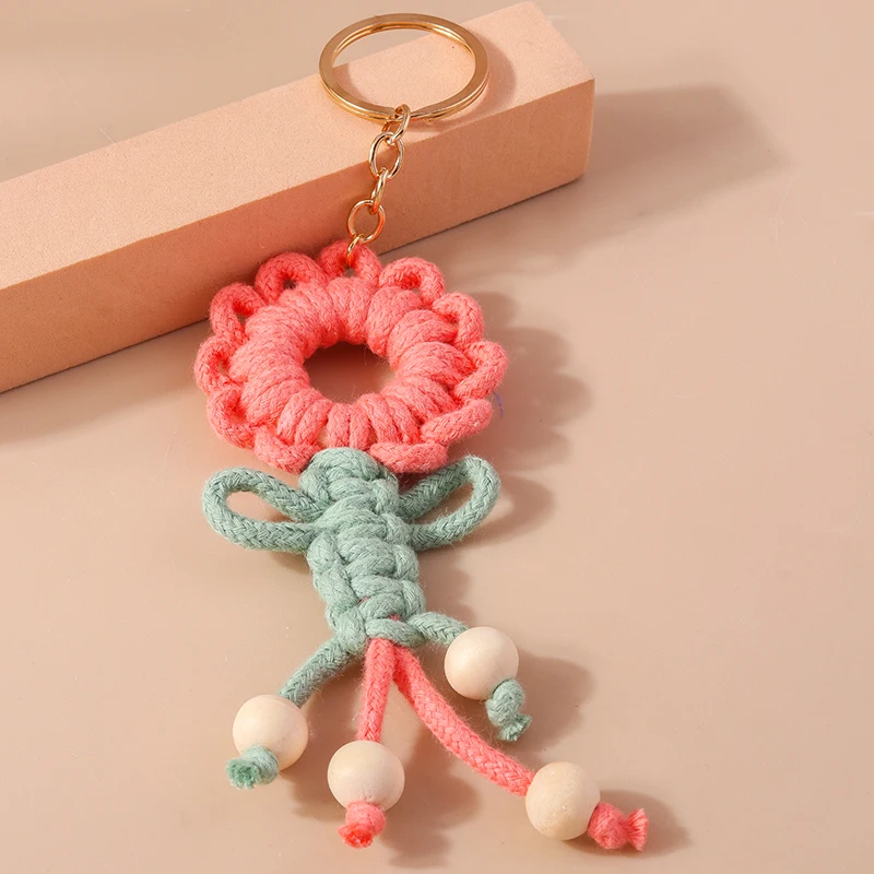 Lovely Hand knitted Flower Tassels Keychain for Women Girl Cute Rainbow Key Ring Pendants Handbag Decor DIY key Chain Gifts