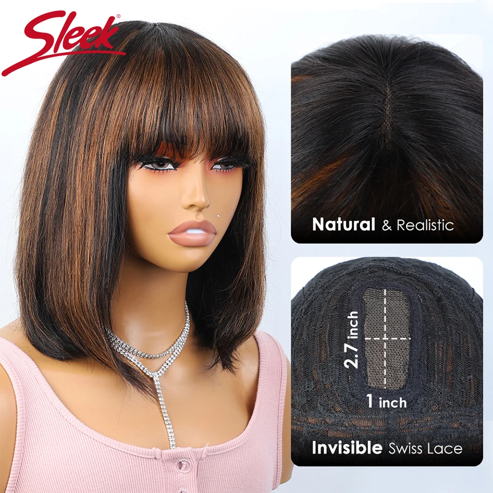 

Sleek Short Bob Human Hair Wigs For Women DYDG1B/30 Brown Highlight Colored Straight Bob Brazilian Hair Wigs With Bangs Lace In