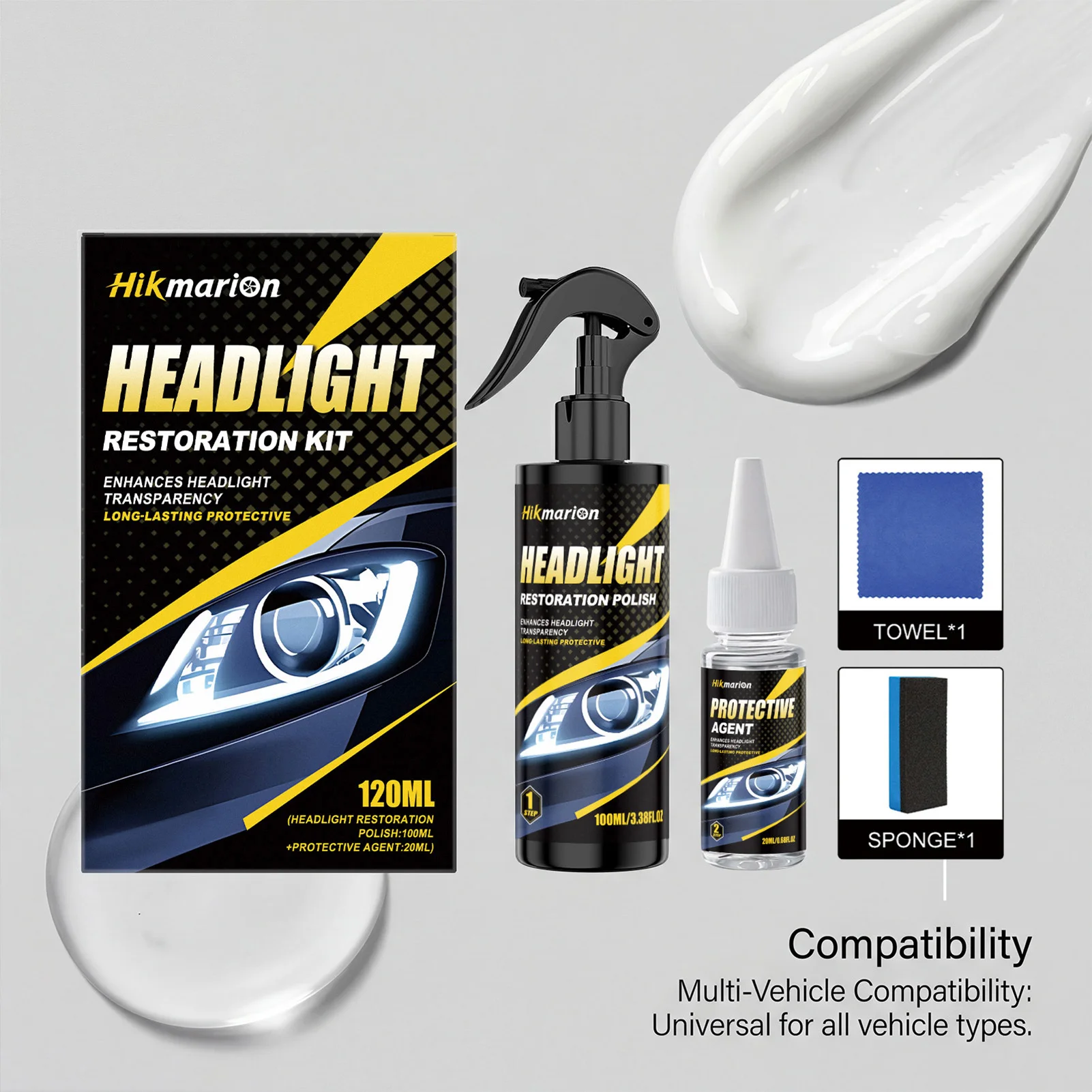 Car Headlight Restoration Kit for Yellowing and Haze Removal Improves Lighting Clarity with Scratch Resistant Formula for Daily
