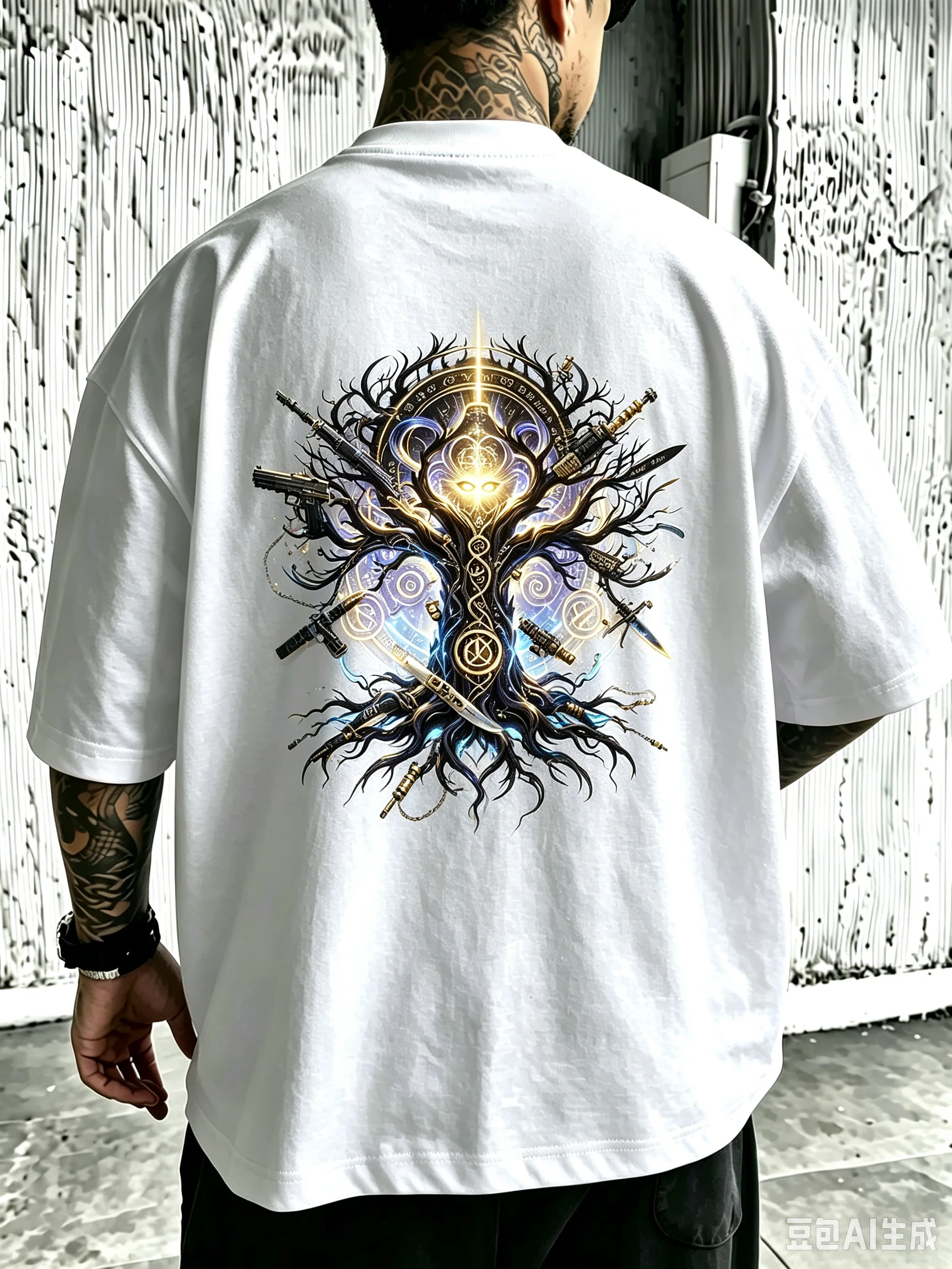 Men Women Unisex Oversized Cotton T-Shirt, Glowing Occult Rune Tree Of Life With Swords And Blades Back Print Tee, Dark Fantasy Gothic Streetwear Short Sleeve Tops