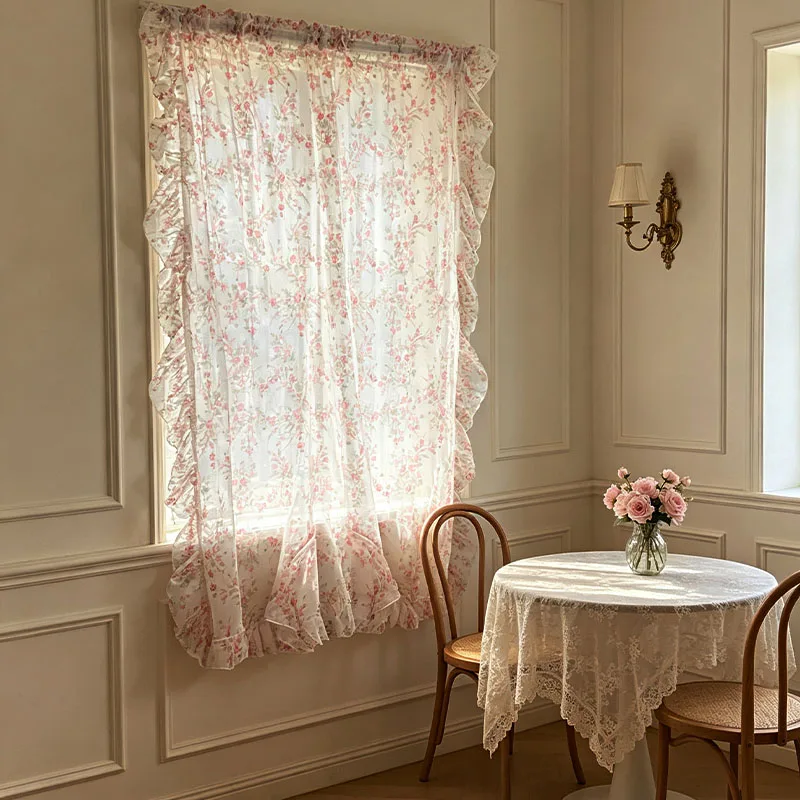 1pc Soft Pink Blossom Printed Terylene Window Curtain, Ruffled Edge Long Light Transparent Rod Pocket Sheer Curtain for Entryway