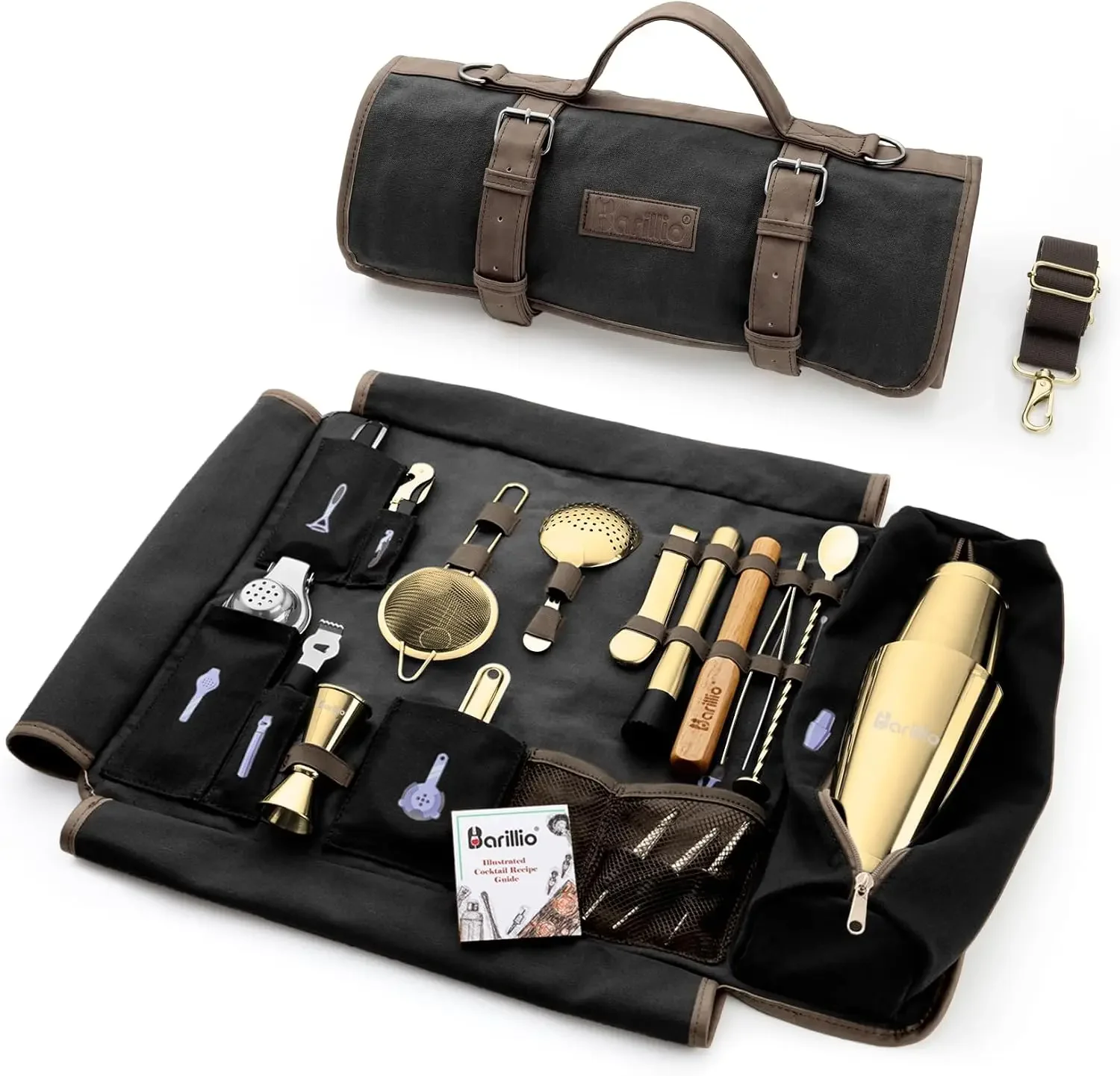 Bartender Kit Bag with Gold Cocktail Shaker Set - Waxed Canvas, Traveling Bar Tools Bag with 17-Pc Cocktail Kit - Travel Mixolog