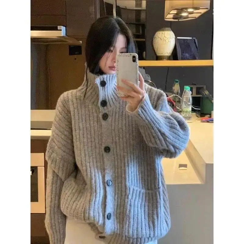 Deeptown Gray Vintage Women Knitted Cardigan Turtleneck Korean Fashion Long Sleeve Pocket Sweater Harajuku Button Loose Autumn