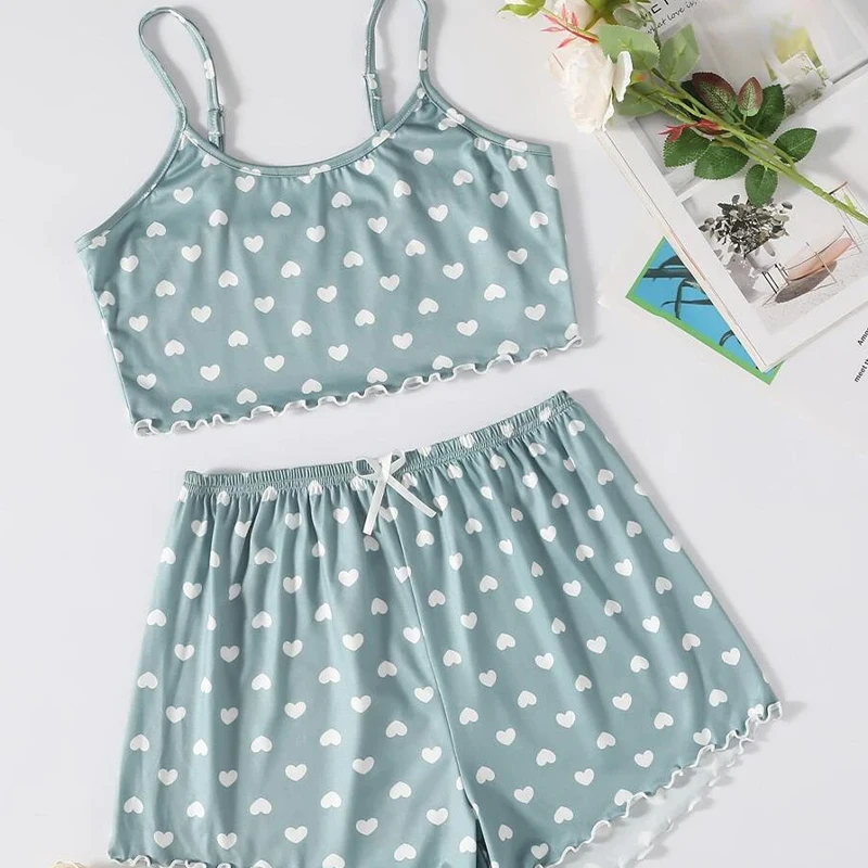 Summer New Blue Printed Love Two-Piece Set with Suspender Sexy Home Pajama Set Women\'s Casual Daily Printed Sleeveless Set