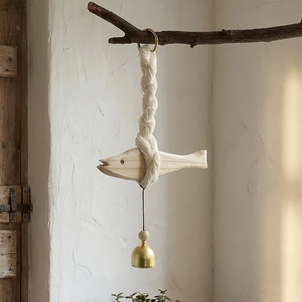Creative Handmade Wood Fish Door Bell Hand Carved Lightweight Fish Wall Decoration Rustic Lucky Fish Door Chimes Living Room