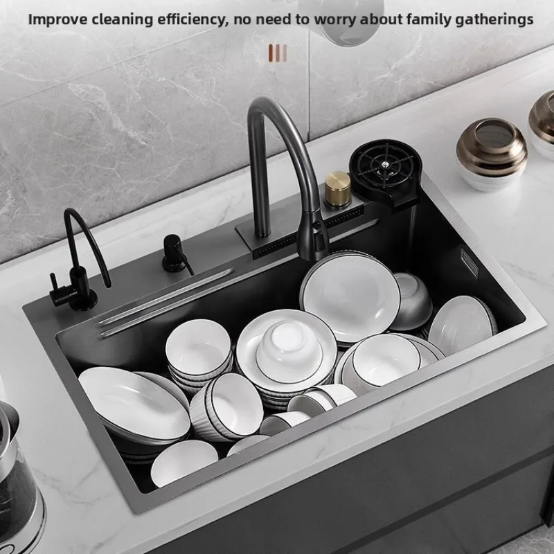 

Stainless Steel Kitchen Sink Large Single Bowl Complete Set Thickened Juicer Sunken Waterfall Tap Stainless Steel Sink