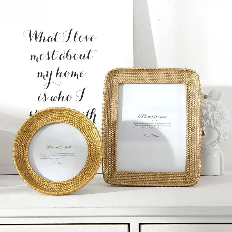 

4/5/6/8 Inch Vintage Photo Frame Imitation Rattan Golden Resin Family Portrait Nightstand Wall Hanging Picture Frames Home Decor