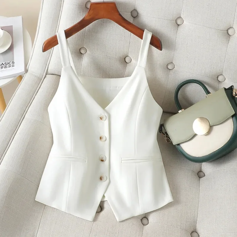Korean 2024New Women\'s Blazer High End Casual Vest Waistcoat Female Commuting Slimming Collar Less Sleeveless Sling Short Jacket