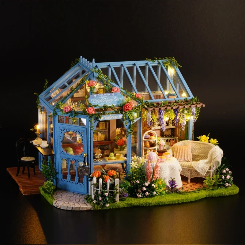 Animacja Cartoon Diy Cabin Rose Garden Teahouse Ręcznie składane drewniane zabawki Model domu Kobieta Prezent urodzinowy Urządzenia peryferyjne