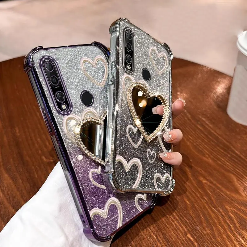 Airbag Wrist Strap Glitter Love Heart Makeup Mirror Phone Case On For Huawei Honor 9X Pro 30S X50i X5 Plus 90 Lite Y9S Cover