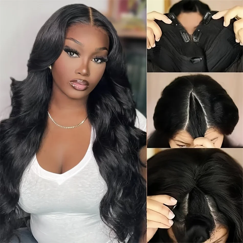 V Part Body Wave Wig Human Hair Brazilian Full Head Clip Natural Black Body Wave Machine Made Upgrade V Shape Clip  For Women 30 Inch Drawstring Half Wigs