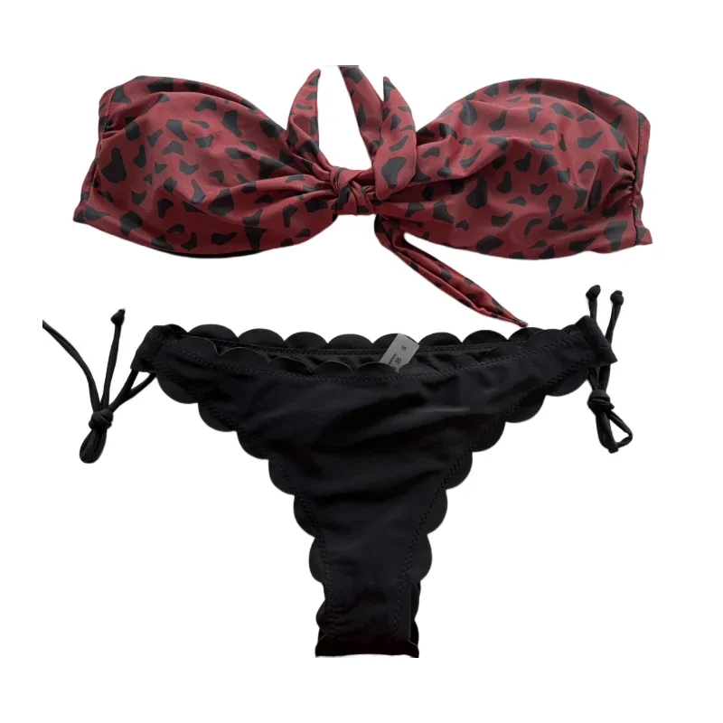 Sexy biquíni frontal feminino com laço para cima, maiô leopardo sem alças, feminino push up, arco babado maiô, tanga swimwear, biquíni de praia, 2022