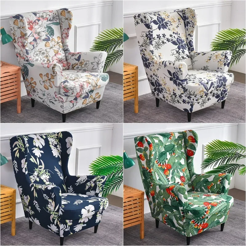 

Leaves Printed Wing Chair Cover Stretch Spandex Armchair Covers Washable Removable Non Slip Sofa Cover with Seat Cushion Cover