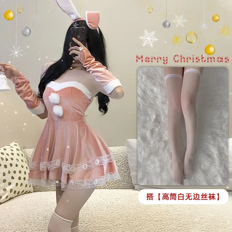 Anime Kawaii Rabbit Girl Uniform Sexy Cosplay Bunny Costumes Cute Bunny Pink Red Christmas Velvet Dress Rabbit Woman Set view 6