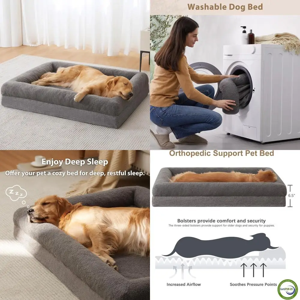 

Large XL Orthopedic Dog Bed with Removable, Washable Cover, Waterproof Bolster & Non-Slip Base, Grey