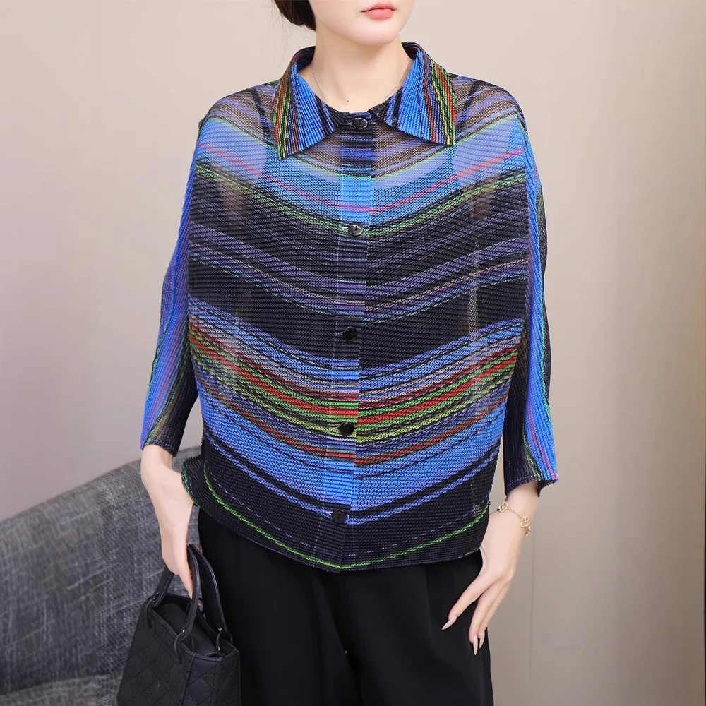

Miyake Pleated Shirt New Design Mesh Top 2025 Summer New Lapel Cardigan Single-breasted Striped Retro Casual Fashion Cardigan
