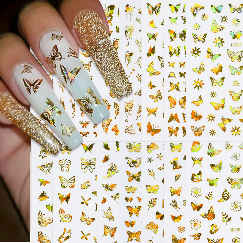 Laser Butterfly Nails Stickers 16pcs/set 3D Holographic Gilding Slider Wraps Adhesive Nail Art Stickers Decals Manicure Decor