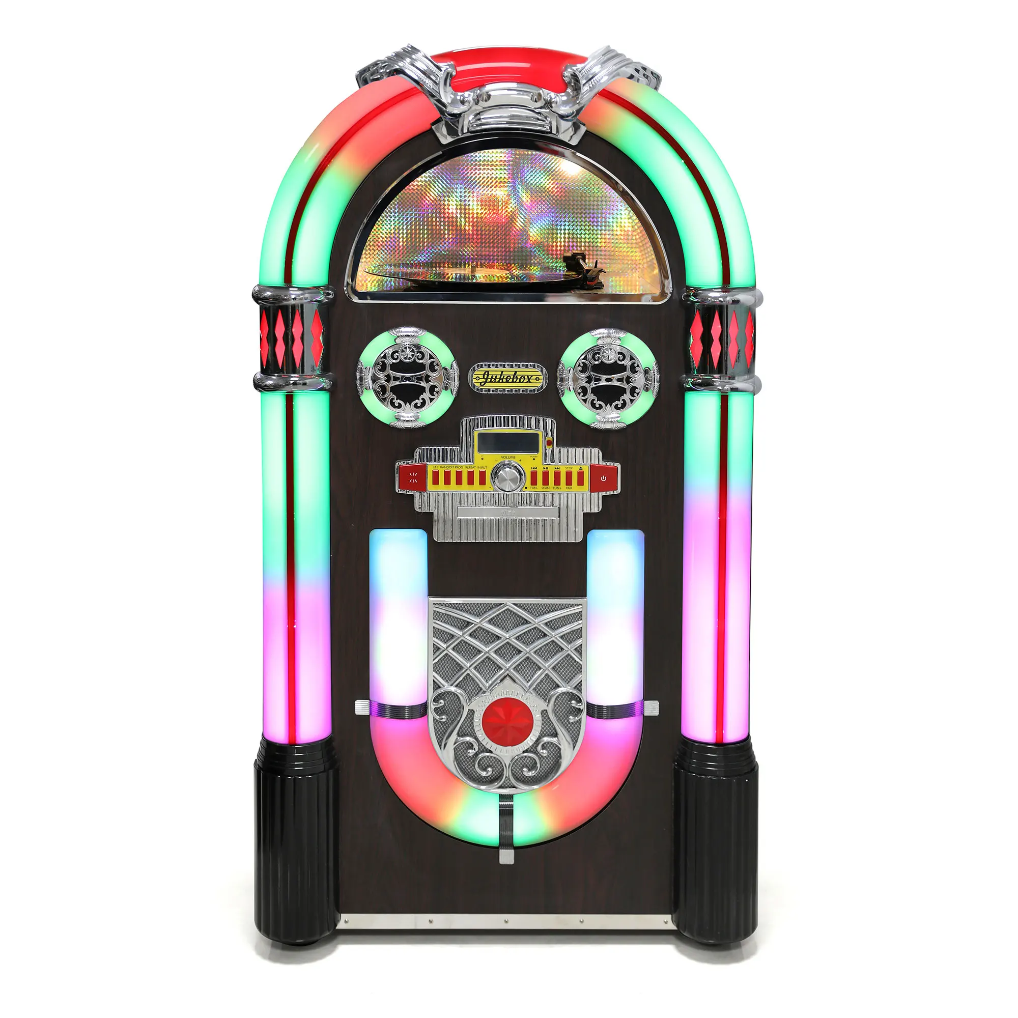 Vintage Jukebox: 3 Speed Turntable, CD Player, FM Radio, , USB Encoding, AUX In, 2.1 Stereo Speakers