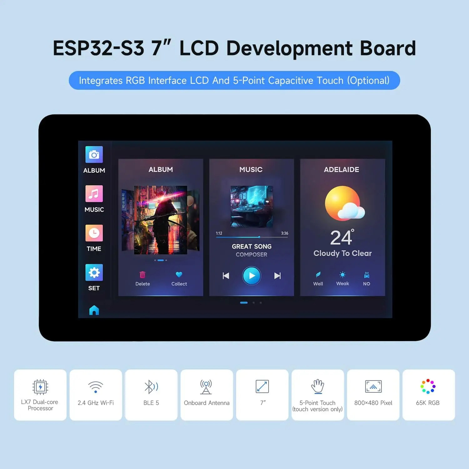 Waveshare ESP32-S3 7inch 800x480 IPS LCD Display Development Board No Touch Supports WiFi ESP32 Display for Arduino IDE ESP-IDF