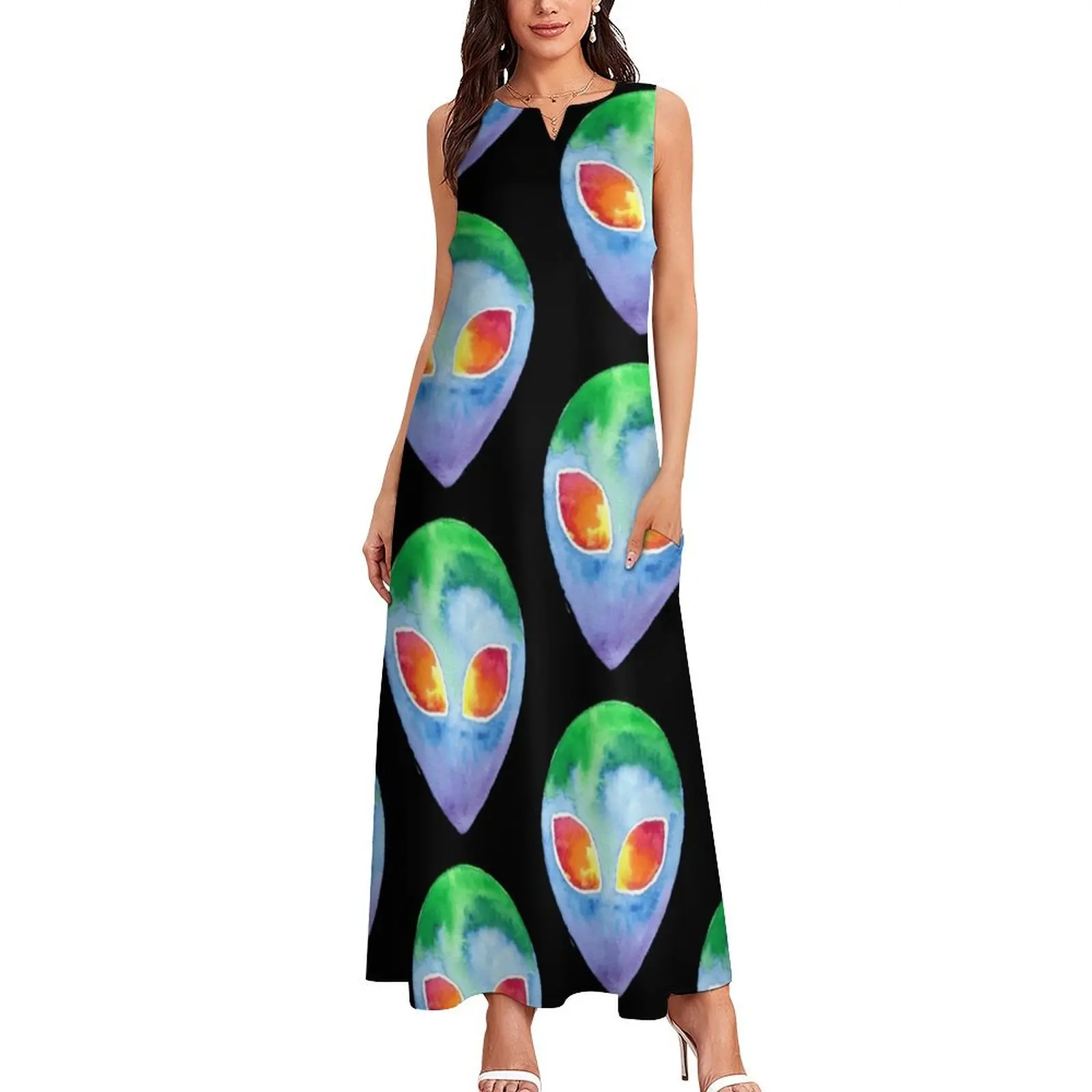 Watercolor Tie Dye Alien Head Long Dress summer dress daily dresses with long sleeves