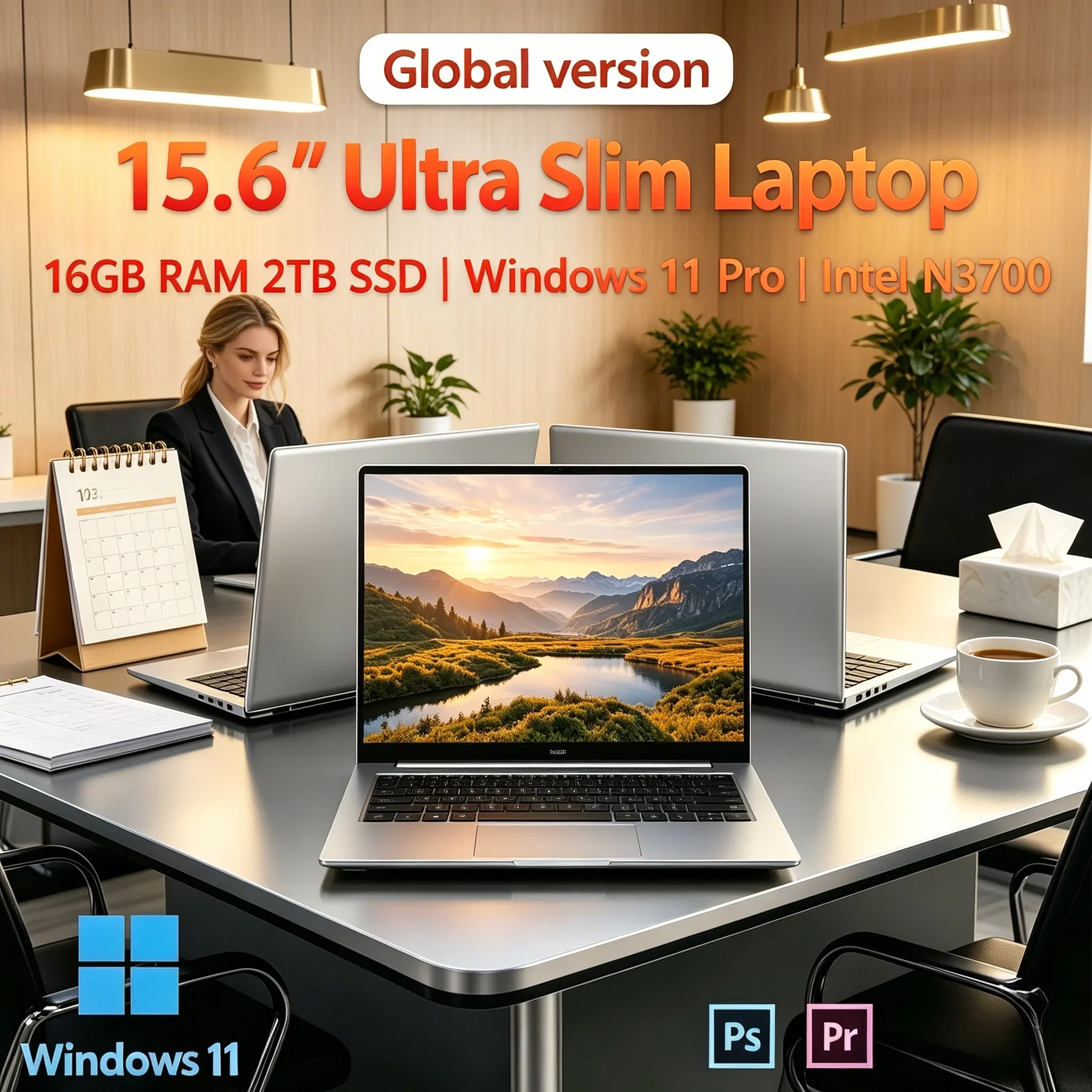 Premium 15.6" Slim Notebook Intel N3700 Processor 16GB RAM 2TB SSD Windows 11 Pro Lightweight Office Gaming Laptop"