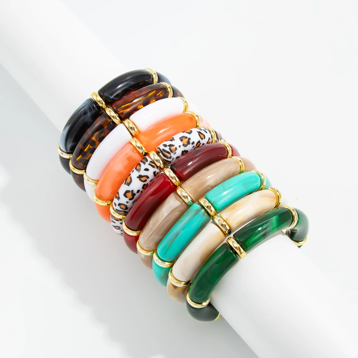 Vintage Stackable Acrylic Bracelets for Women Bohemian Round Tube Beaded Bracelet Leopard Resin Elastic Bangle image 5