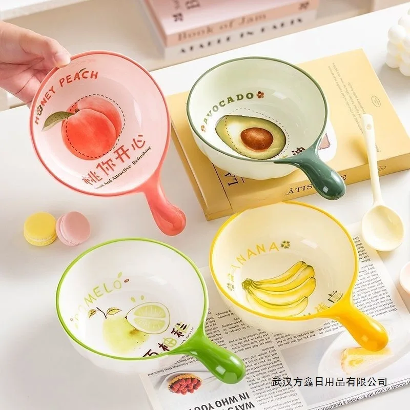 High-Value Ceramic Bowl with Handle, Glazed Under Glaze Dinnerware for Soup/Dessert, Heatproof Microwave Safe