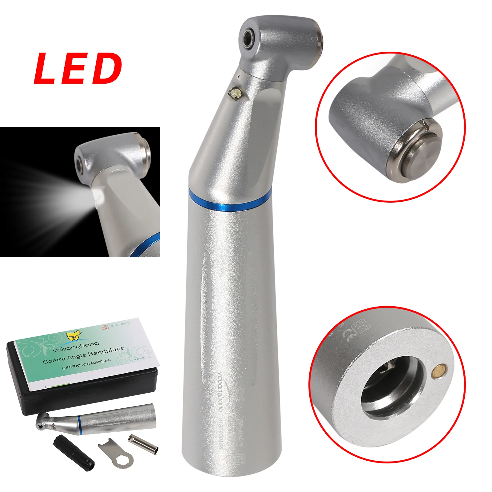 Dental Fiber Optic LED 1:1 Ratio Contra Angle Slow Speed Push Button Handpiece Inner Water Spray Low Noise