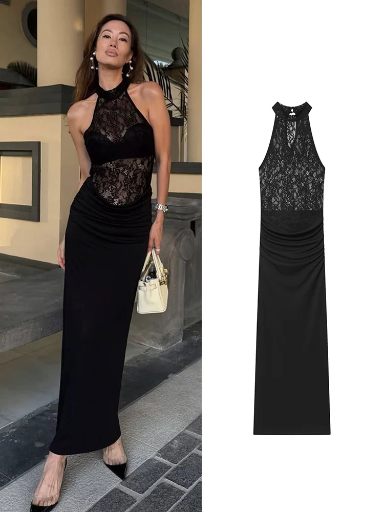 เดรสยาวทรงเข้ารูปสำหรับผู้หญิง แบรนด์ TFMLN แบบผูกคอ สายเดี่ยว ผ้าลูกไม้ผสม ดีไซน์เซ็กซี่ โชว์ไหล่ ไม่มีแขน เหมาะสำหรับงานปาร์ตี้