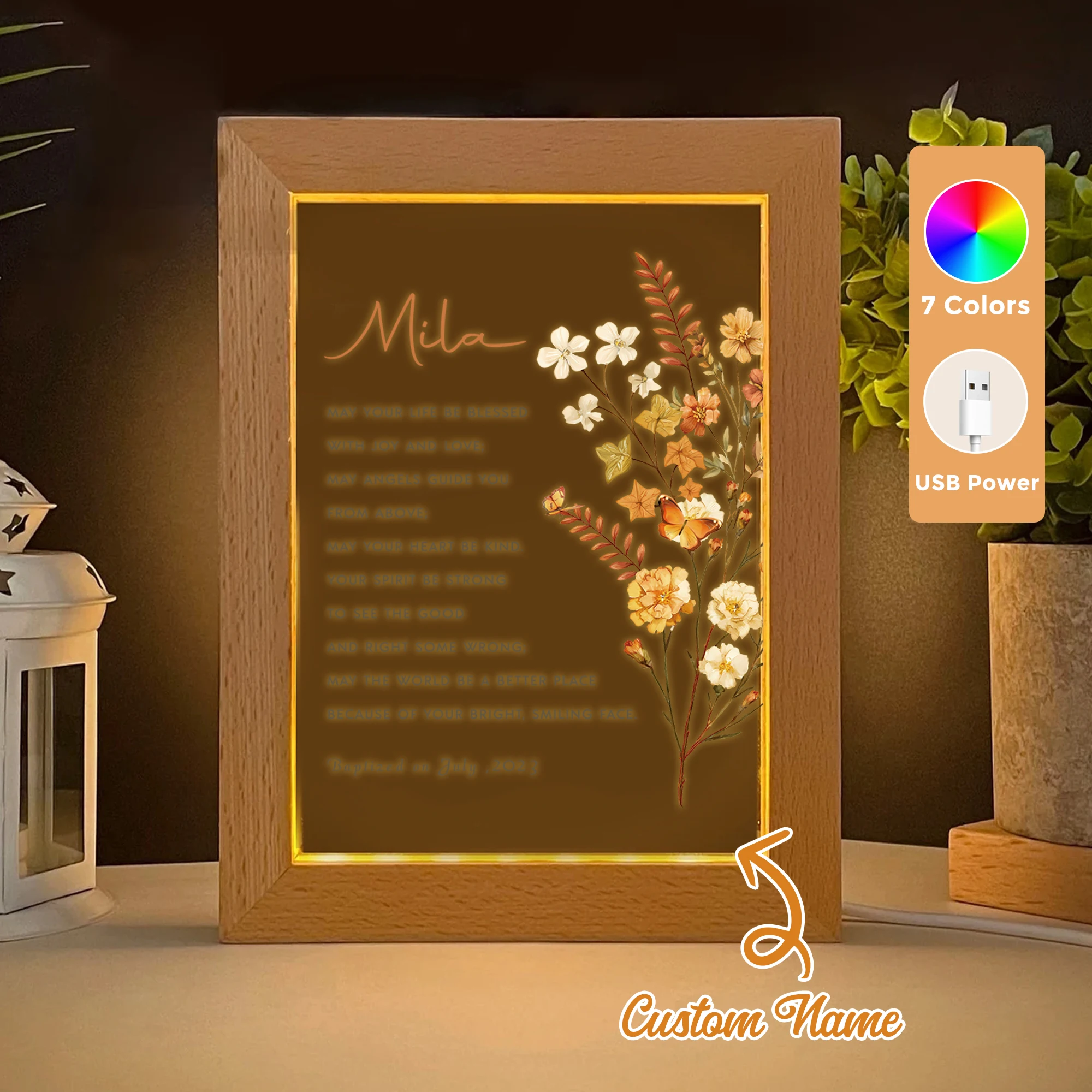 

2D Flat Custom Name Christianity And Baptism LED Acrylic Night Light Wood Photo Frame 21x17cm Family Bedroom Gifts Home Decor