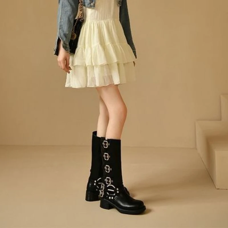 Black Middle Heel Buckle Knee High Shaft Shoes Woman New Rock Trend 2025 Waterproof Hot Designer Luxury Pu Long Boots for Women